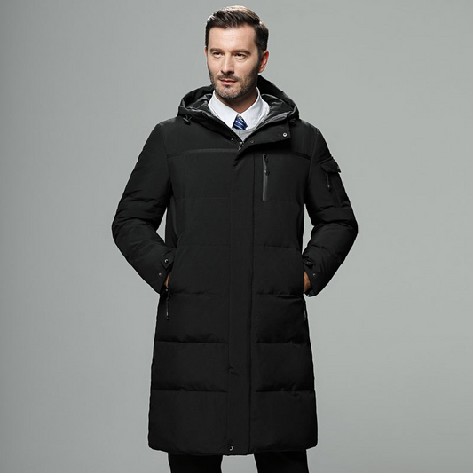 Men’s Long Jacket – Insulated Water-Resistant – Hood – Multiple Pockets