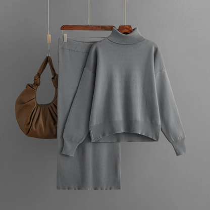 Women’s Knit Sweater and Skirt Set – Turtleneck – Relaxed Fit Top – Slim Skirt – Ribbed
