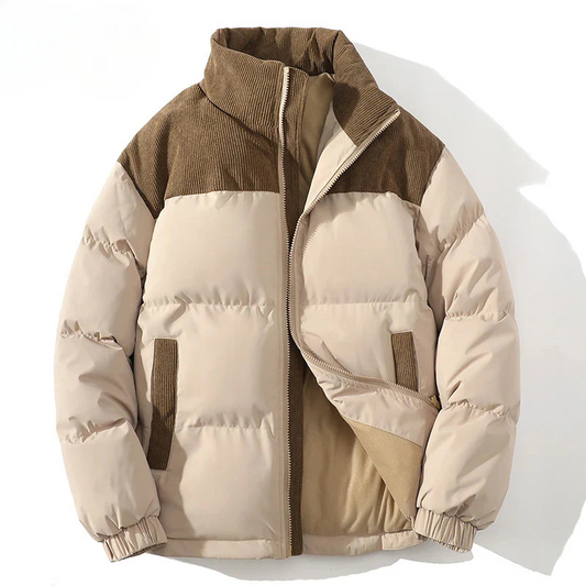 Men’s Puffer Jacket – Quilted Insulation – Corduroy Yoke – Relaxed Fit – Zip Front
