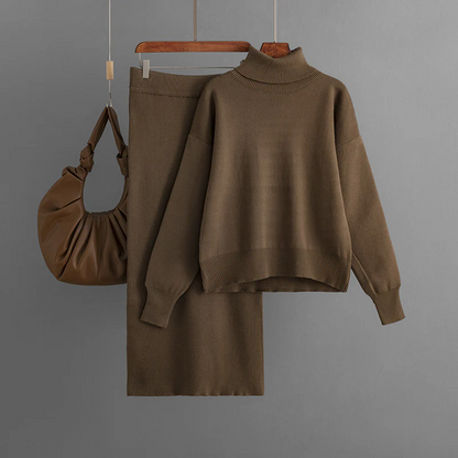 Women’s Knit Sweater and Skirt Set – Turtleneck – Relaxed Fit Top – Slim Skirt – Ribbed