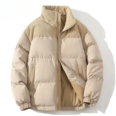 Men’s Puffer Jacket – Quilted Insulation – Corduroy Yoke – Relaxed Fit – Zip Front
