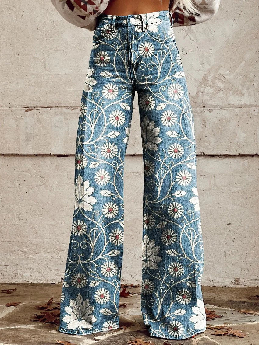 Women’s Trousers – Wide Leg – High Waist – Vintage Floral Print – Cotton Feel