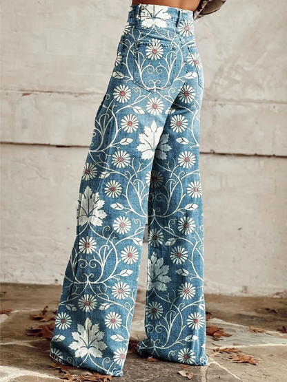 Women’s Trousers – Wide Leg – High Waist – Vintage Floral Print – Cotton Feel