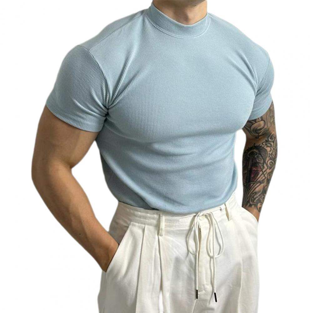 Men’s Fitted Ribbed Knit Top - Short Sleeve - Mock Neck - Breathable Stretch Fabric