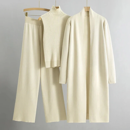 Women’s 3-Piece Knit Set – Ribbed Sleeveless Top – Wide Leg Pants – Longline Open Cardigan