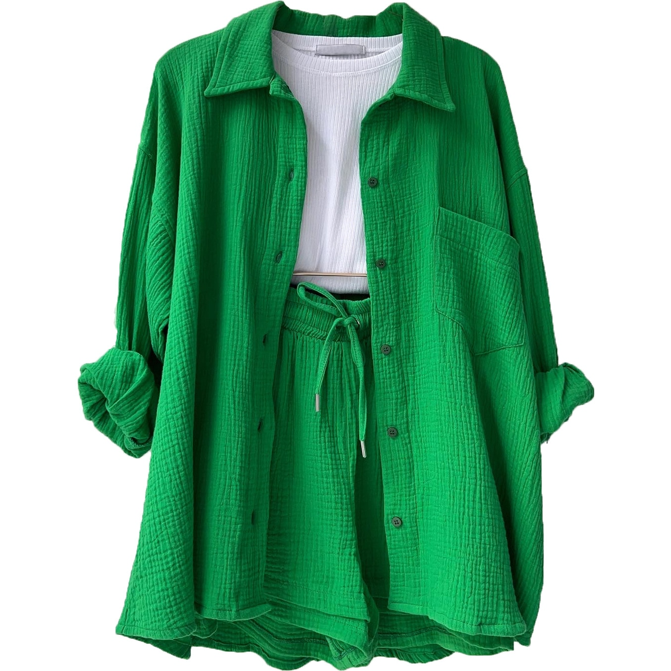 Women's Co-Ord Set - Oversized Button-Up Shirt & Drawstring Shorts - Relaxed Fit