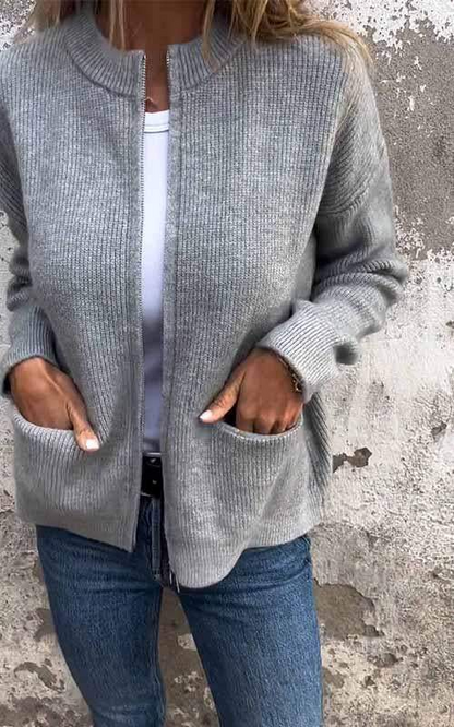 Women’s Knit Cardigan – Relaxed Fit – Wool Blend – Open Front – Ribbed Trim – Pockets