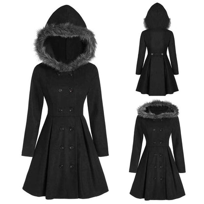 Women's double-breasted coat with fur hood