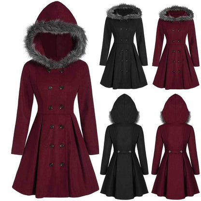 Women's double-breasted coat with fur hood