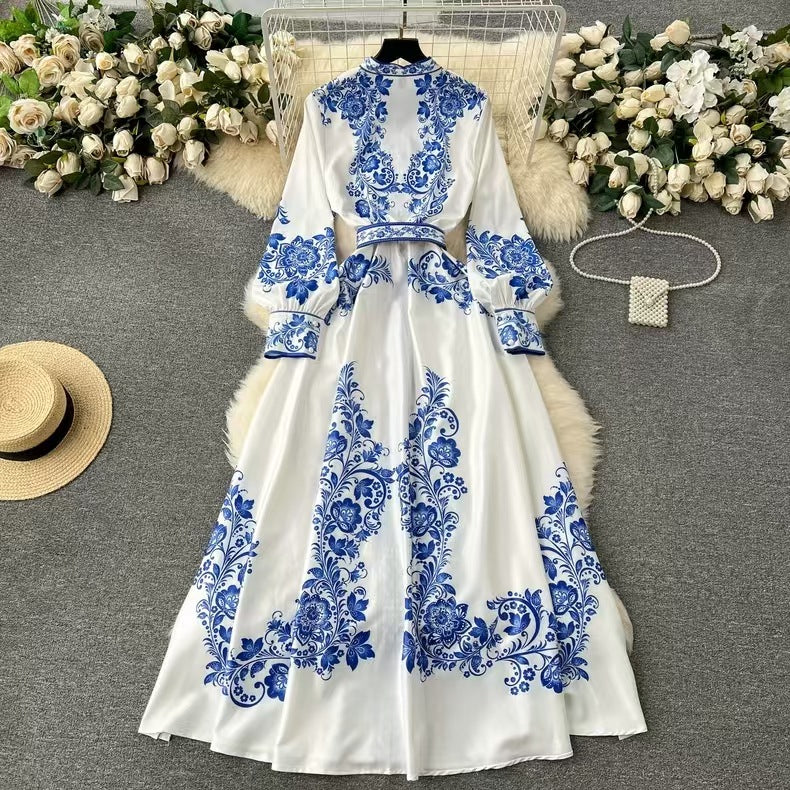 Printed Belted Flare Midi Shirt Dress - Casual Elegant All-Season Style