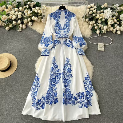 Printed Belted Flare Midi Shirt Dress - Casual Elegant All-Season Style