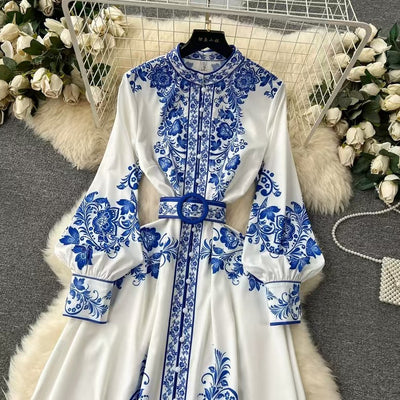 Printed Belted Flare Midi Shirt Dress - Casual Elegant All-Season Style