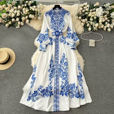 Printed Belted Flare Midi Shirt Dress - Casual Elegant All-Season Style
