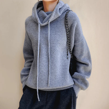 Women’s Pullover Sweater – Relaxed Fit – Wool Blend – Cowl Neck with Drawstrings