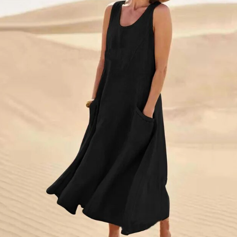 Women's Maxi Dress - Sleeveless Linen - Loose Fit with Pockets - Flowy Casual Wear