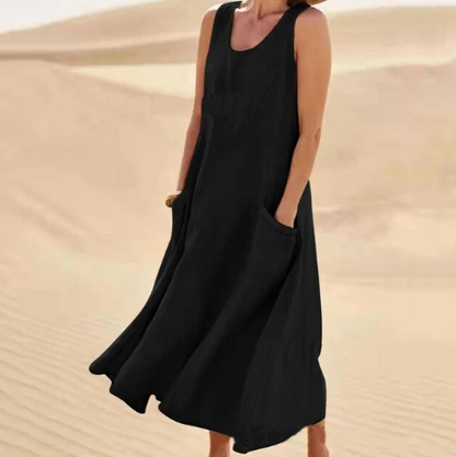 Women's Maxi Dress - Sleeveless Linen - Loose Fit with Pockets - Flowy Casual Wear