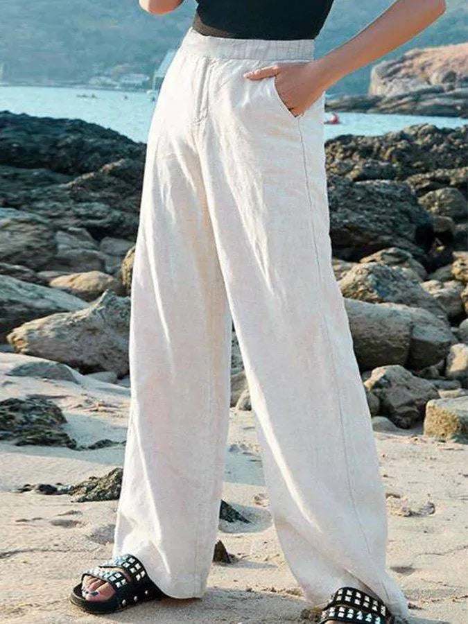 Women's Linen Wide-Leg Pants - Breathable Lightweight Fabric - Elastic Waist - Full Length