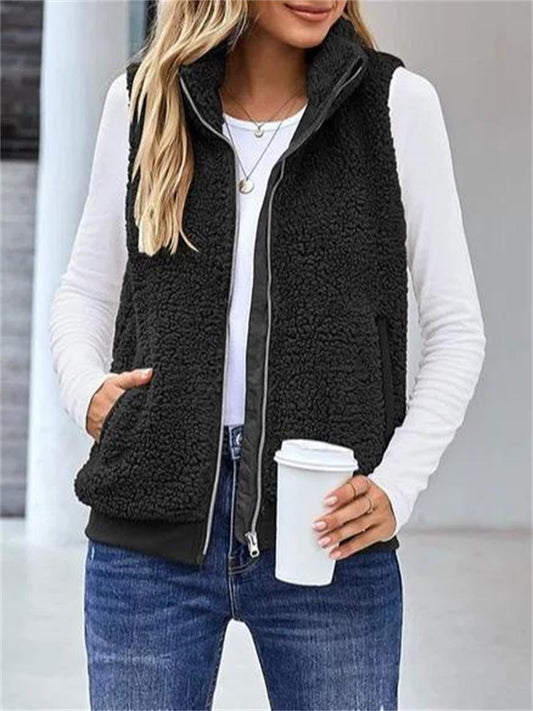 Women’s Sleeveless Jacket – Plush Fleece – Relaxed Fit – Zip Front High Collar