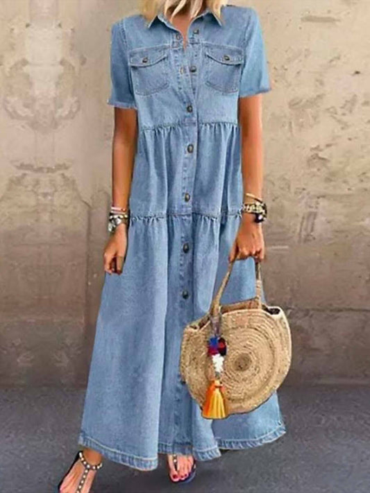 Women’s Maxi Shirt Dress – Relaxed Fit – Button Front – Short Sleeve – Utility Style