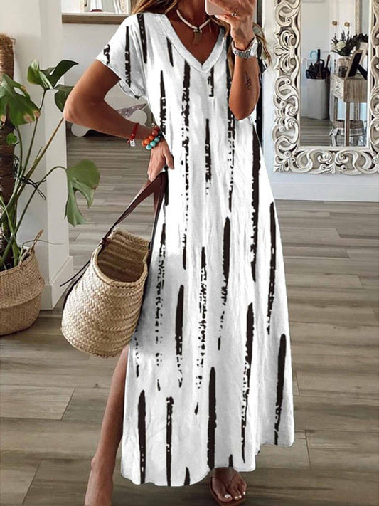Women’s Maxi Dress – Relaxed Fit – V-Neck – Short Sleeve – Striped – Breathable Blend