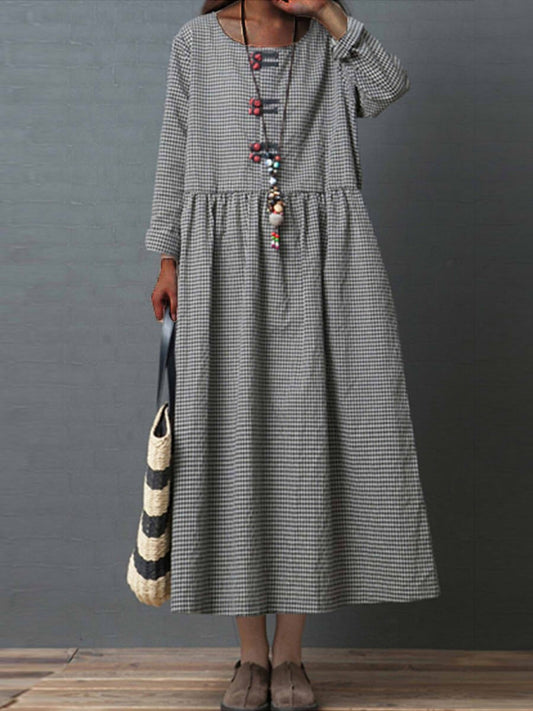 Women’s Maxi Dress – Natural Fibers – Swing Fit – Long Sleeve – Button Detail