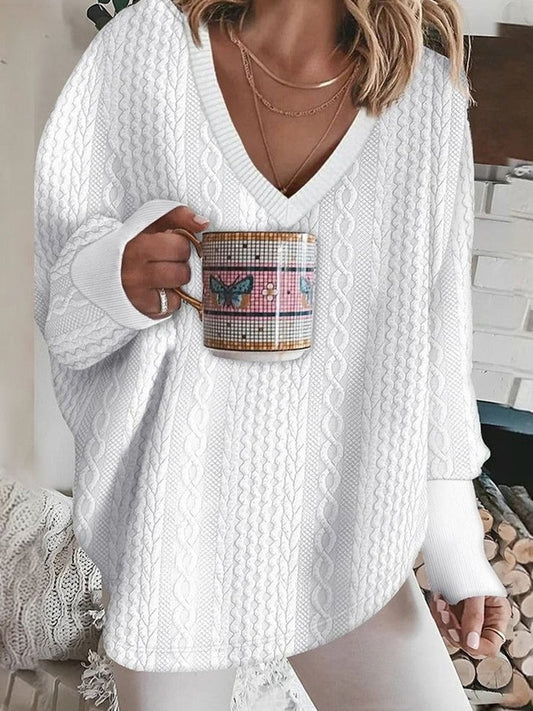 Women’s Knit Sweater – Oversized Fit – V-Neck – Cable Knit – Soft Cozy Feel