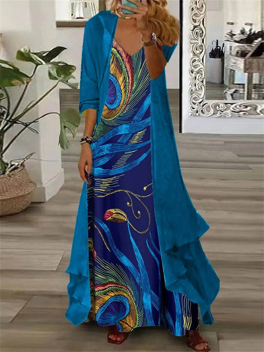Women’s Maxi Dress – Two-Piece Set – Abstract Print – V-Neck – Breathable Blend