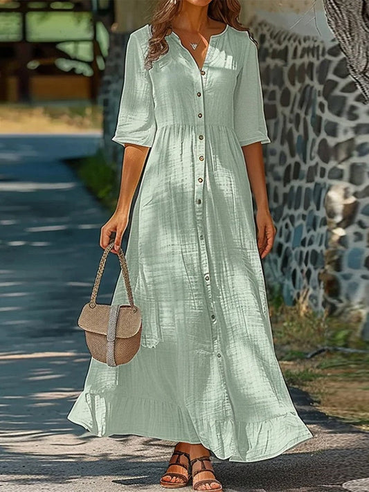 Women’s Midi Dress – Relaxed Fit – Button Front – Half Sleeve – Natural Fibres