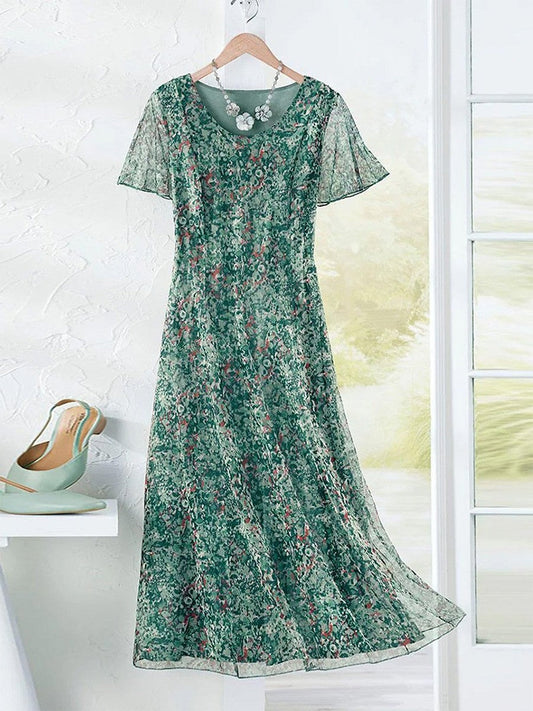 Women’s Maxi Dress – Floral Print – Relaxed Fit – Pleated – Short Sleeve – Breathable Blend