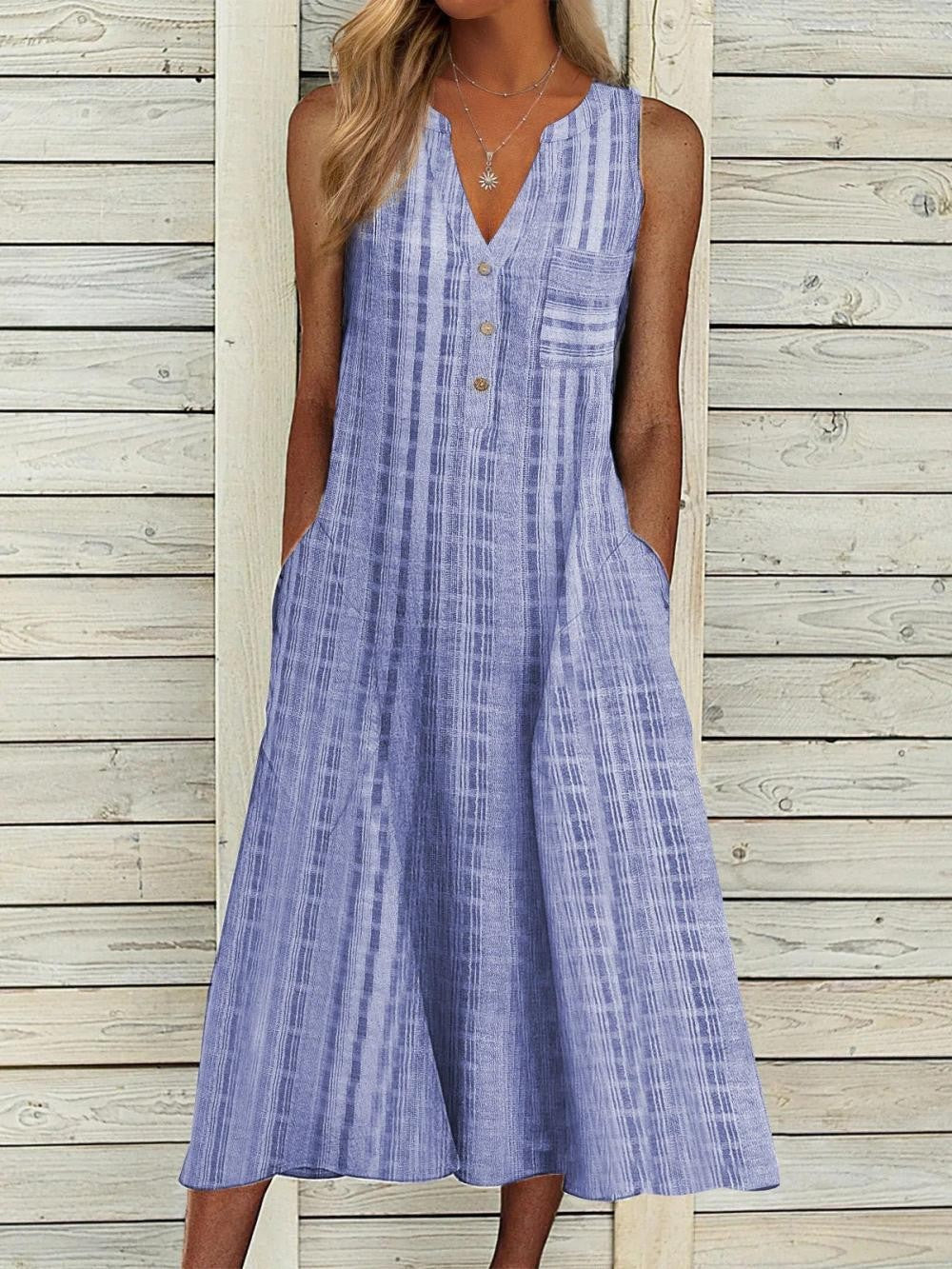 Women’s Sleeveless Dress – Breathable Blend – A-Line Fit – V-Neck – Midi Length – Pockets
