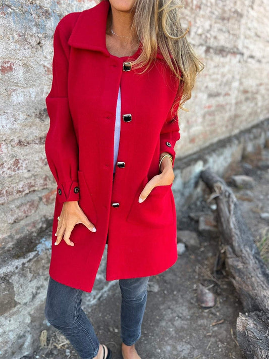 Women’s Long Coat – Structured Fit – Wool Feel – Lapel Collar – Button Cuffs – Pockets