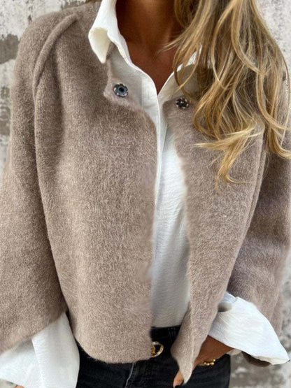 Women’s Wool Coat – Relaxed Fit – Knit Texture – Round Neck – Long Sleeve – Button Front
