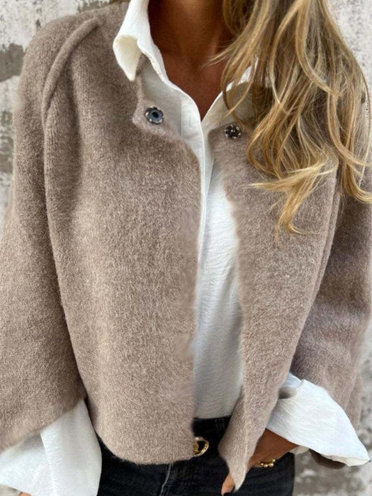 Women’s Wool Coat – Relaxed Fit – Knit Texture – Round Neck – Long Sleeve – Button Front