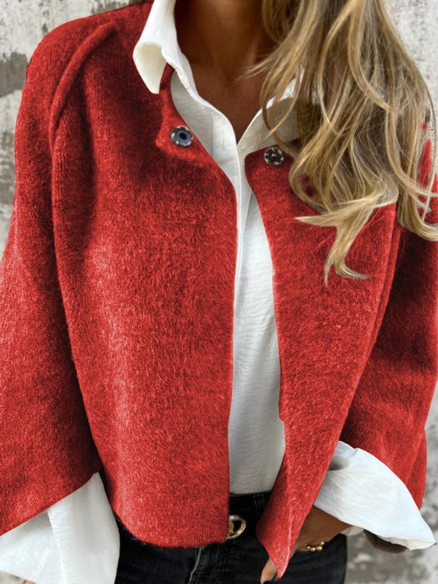 Women’s Wool Coat – Relaxed Fit – Knit Texture – Round Neck – Long Sleeve – Button Front