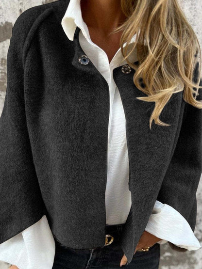 Women’s Wool Coat – Relaxed Fit – Knit Texture – Round Neck – Long Sleeve – Button Front