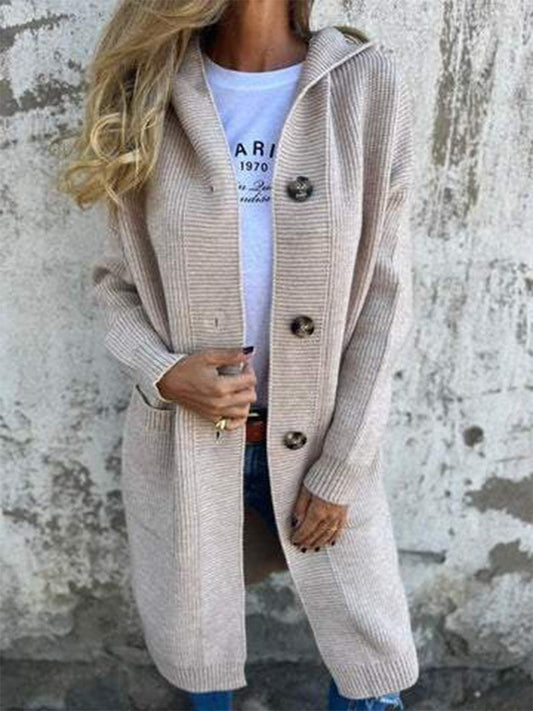 Women’s Knitted Jacket – Relaxed Fit – Hooded – Ribbed Texture – Button Front – Pockets