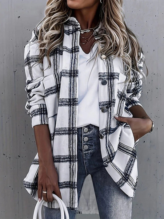 Women’s Jacket – Oversized Fit – Button Front – Check Pattern – Pockets