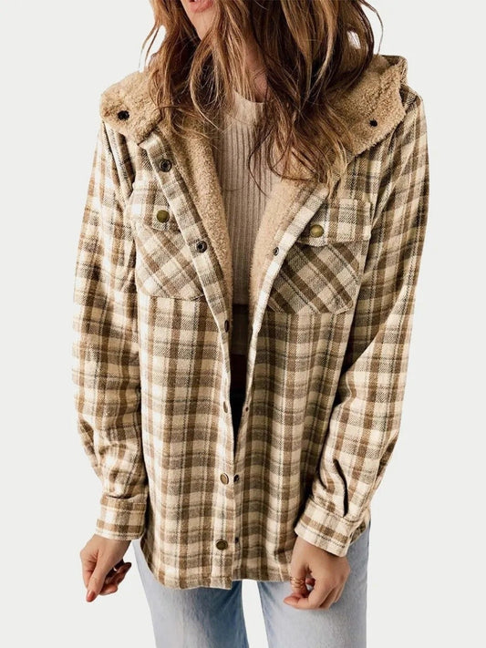 Women’s Shacket – Relaxed Fit – Fleece Lined – Plaid Hooded – Button Front – Casual Layer