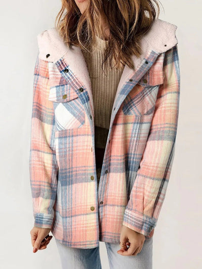 Women’s Shacket – Relaxed Fit – Fleece Lined – Plaid Hooded – Button Front – Casual Layer