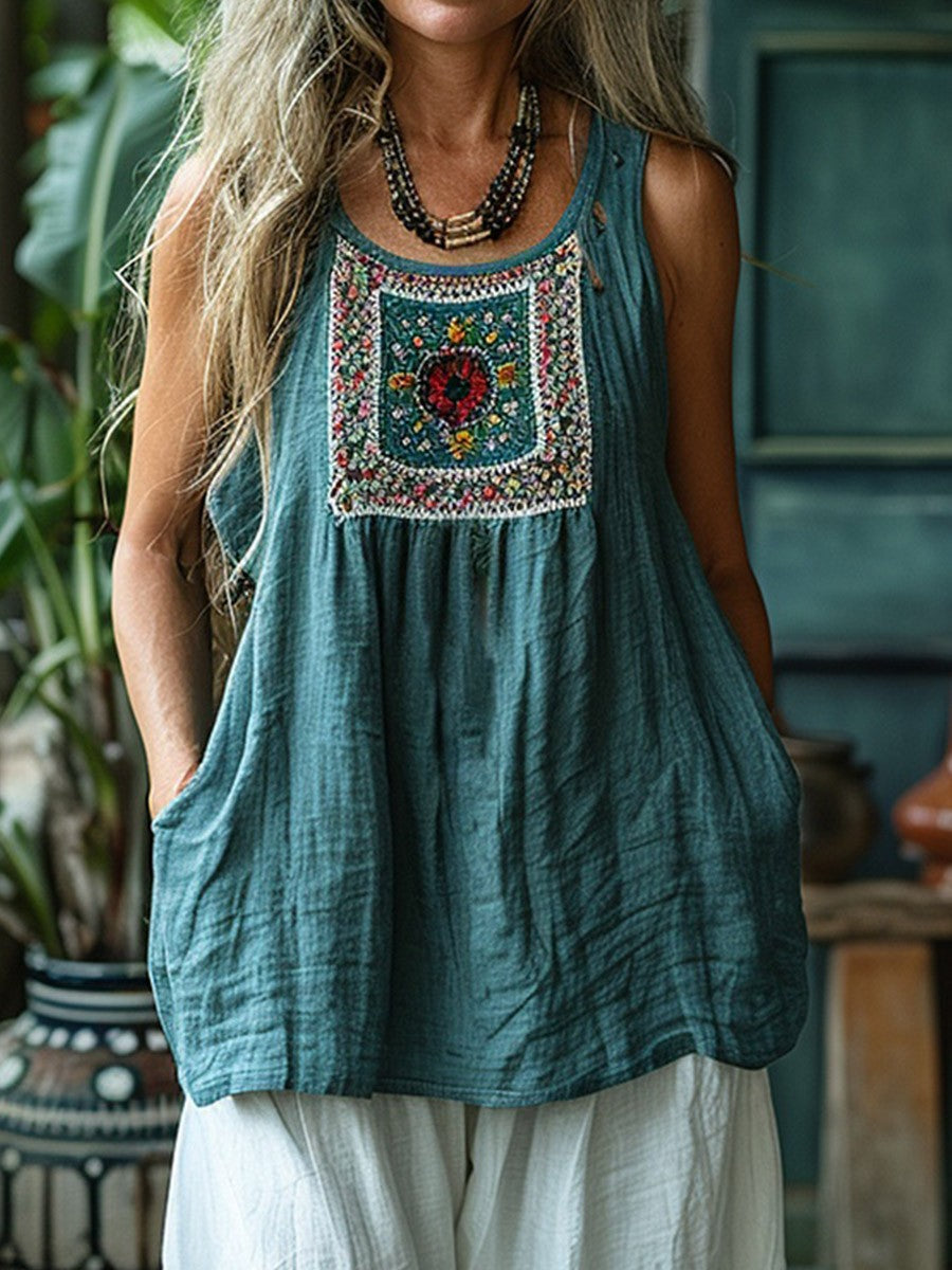 Women’s Sleeveless Top – Natural Fibers – Relaxed Fit – Embroidered Tunic Style