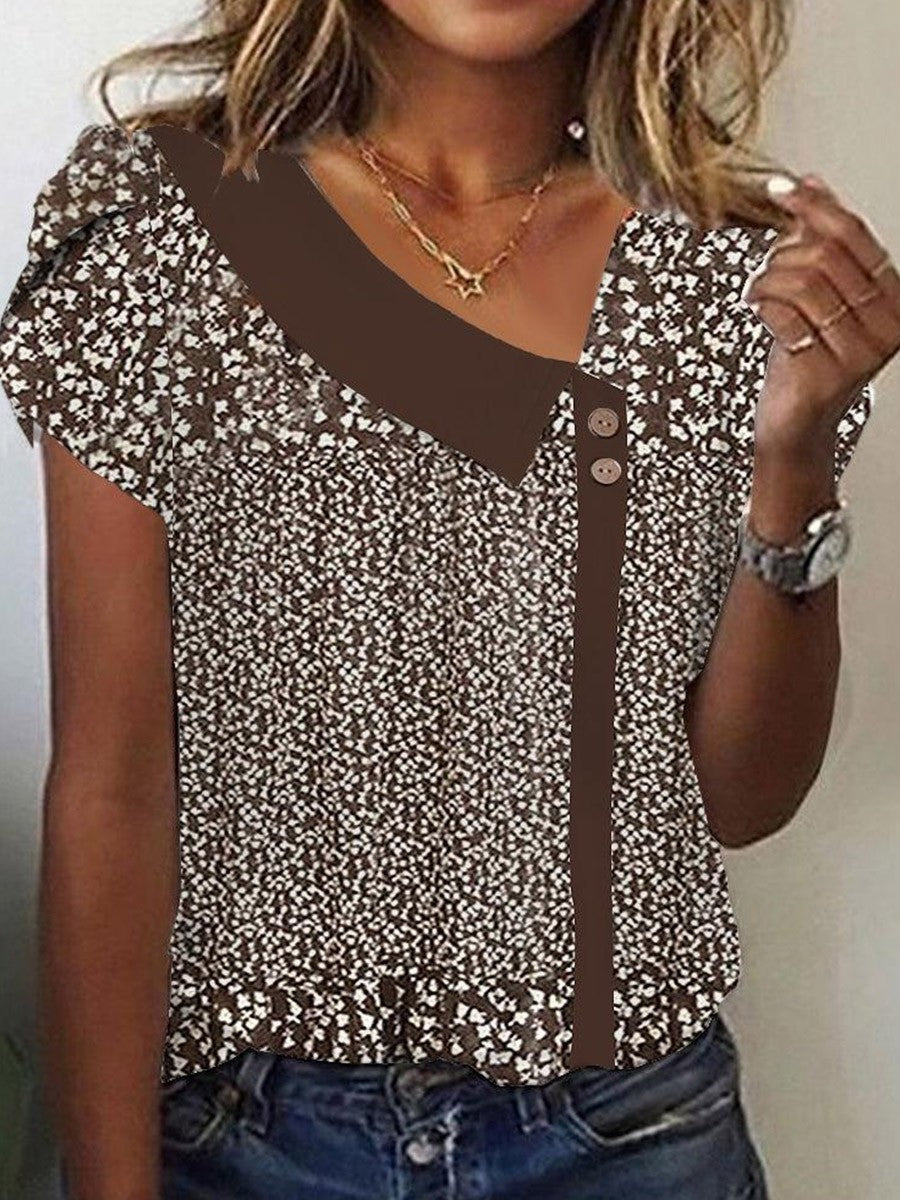 Women’s Short Sleeve Top – Relaxed Fit – Floral Print – Round Neck