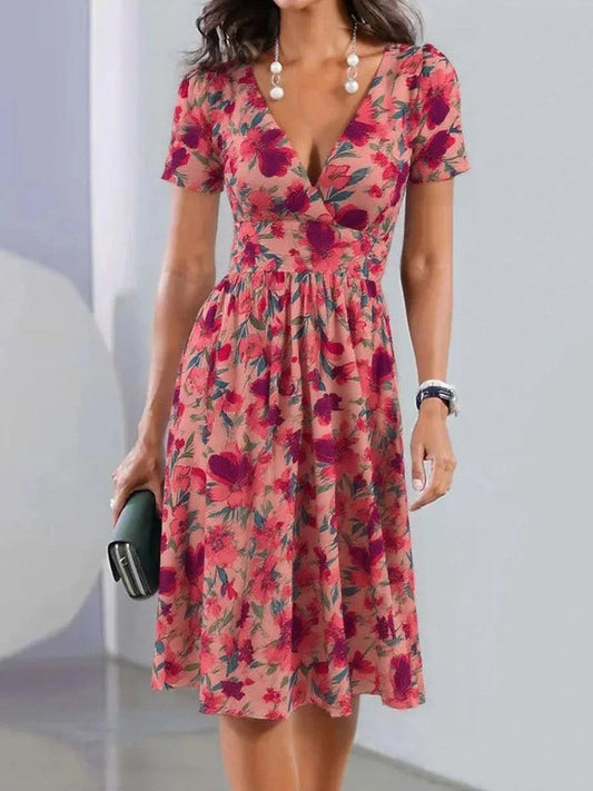 Women’s Midi Dress – V-Neck – Floral Print – A-Line Fit – Breathable Blend – Short Sleeve