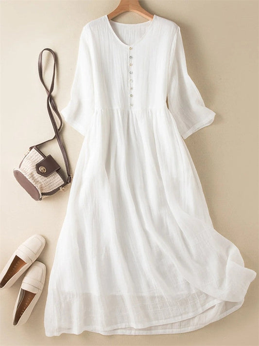 Women’s Midi Dress – V-Neck Button Front – Relaxed Fit – Half Sleeve – Breathable Blend