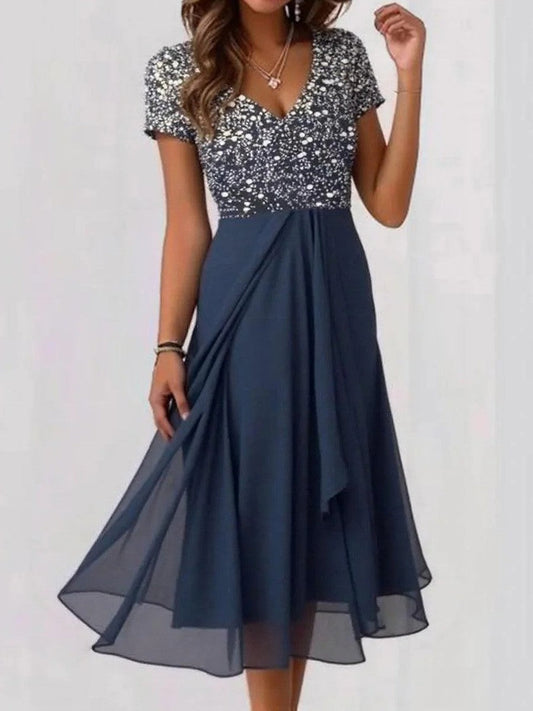 Women’s Midi Dress – Embellished V-Neck – Short Sleeve – Flowing A-Line Silhouette