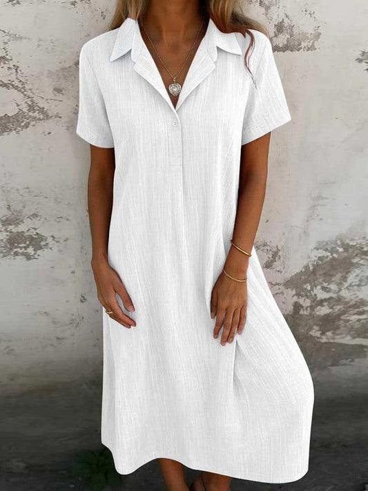 Women’s Midi Dress – Relaxed Fit – Button-Up Front – Soft Natural Fibers – Short Sleeve