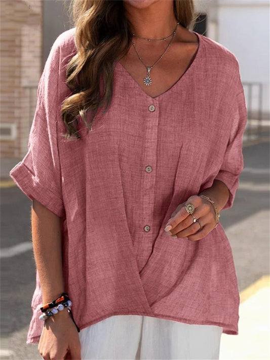 Women’s Blouse – Oversized Fit – V-Neck – Button Front – Half Sleeve