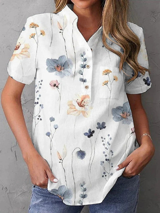 Women’s Blouse – Relaxed Fit – V-Neck – Short Sleeve – Floral Print – Breathable Blend