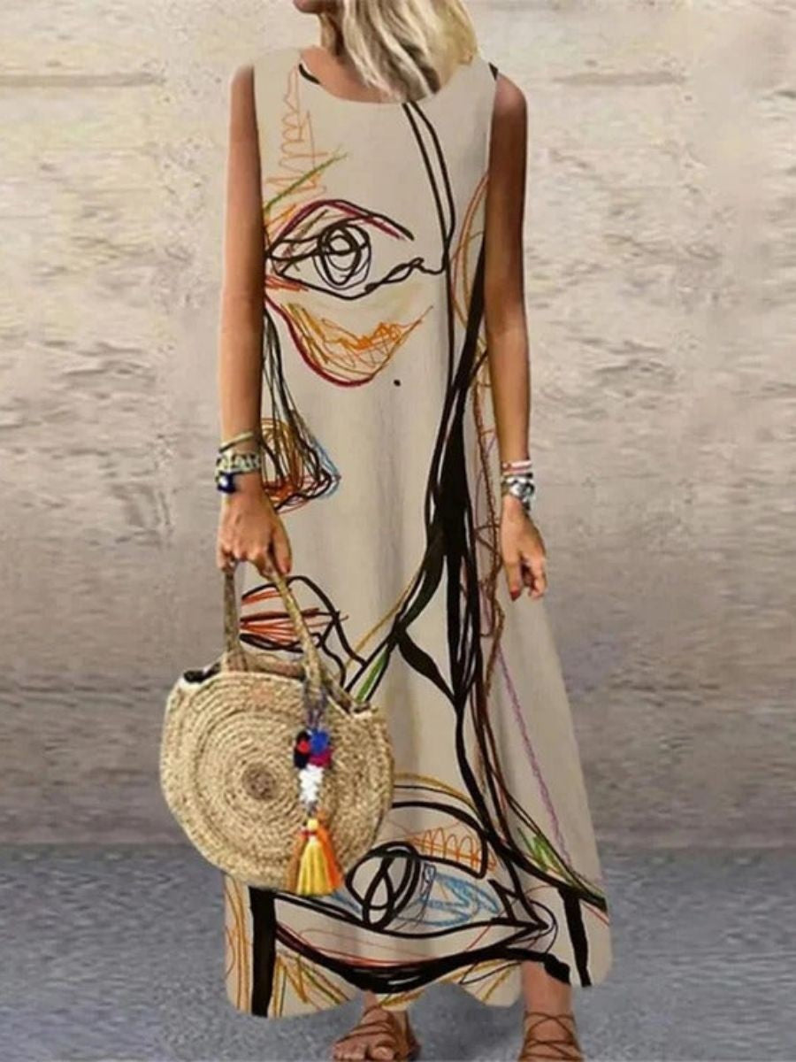 Women’s Sleeveless Midi Dress – Abstract Print – Relaxed Fit – Natural Fibers