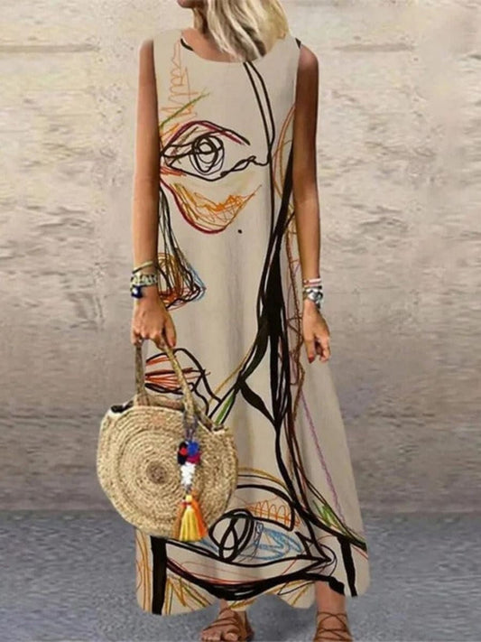 Women’s Sleeveless Midi Dress – Abstract Print – Relaxed Fit – Natural Fibers