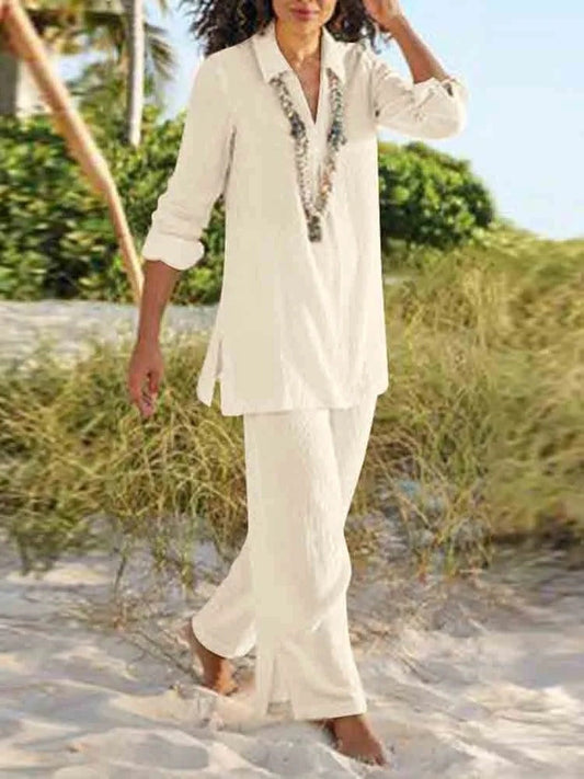 Women’s Two-Piece Set – Relaxed Fit – V-Neck Tunic Top – Full-Length Straight Leg Trousers